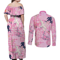 Pink Palaka Crane and Flowers Couples Matching Off Shoulder Maxi Dress and Long Sleeve Button Shirt Japan Heritage Spirit LT9 - Polynesian Pride