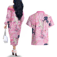 Pink Palaka Crane and Flowers Couples Matching Off The Shoulder Long Sleeve Dress and Hawaiian Shirt Japan Heritage Spirit LT9 - Polynesian Pride