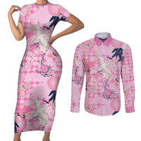 Pink Palaka Crane and Flowers Couples Matching Short Sleeve Bodycon Dress and Long Sleeve Button Shirt Japan Heritage Spirit LT9 Pink - Polynesian Pride