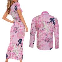 Pink Palaka Crane and Flowers Couples Matching Short Sleeve Bodycon Dress and Long Sleeve Button Shirt Japan Heritage Spirit LT9 - Polynesian Pride