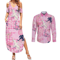 Pink Palaka Crane and Flowers Couples Matching Summer Maxi Dress and Long Sleeve Button Shirt Japan Heritage Spirit LT9 Pink - Polynesian Pride