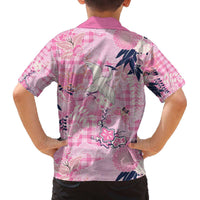 Pink Palaka Crane and Flowers Family Matching Off The Shoulder Long Sleeve Dress and Hawaiian Shirt Japan Heritage Spirit LT9 - Polynesian Pride