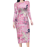 Pink Palaka Crane and Flowers Long Sleeve Bodycon Dress Japan Heritage Spirit LT9 Long Dress Pink - Polynesian Pride