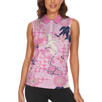 Pink Palaka Crane and Flowers Women Sleeveless Polo Shirt Japan Heritage Spirit LT9 - Polynesian Pride