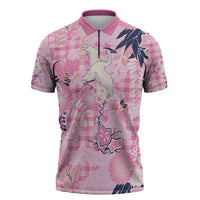 Pink Palaka Crane and Flowers Zipper Polo Shirt Japan Heritage Spirit LT9 Pink - Polynesian Pride