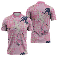 Pink Palaka Crane and Flowers Zipper Polo Shirt Japan Heritage Spirit LT9 - Polynesian Pride