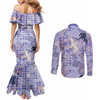 Purple Palaka Crane and Flowers Couples Matching Mermaid Dress and Long Sleeve Button Shirt Japan Heritage Spirit LT9 - Polynesian Pride