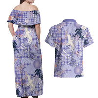 Purple Palaka Crane and Flowers Couples Matching Off Shoulder Maxi Dress and Hawaiian Shirt Japan Heritage Spirit LT9 - Polynesian Pride