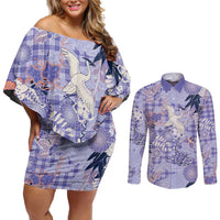 Purple Palaka Crane and Flowers Couples Matching Off Shoulder Short Dress and Long Sleeve Button Shirt Japan Heritage Spirit LT9 Purple - Polynesian Pride