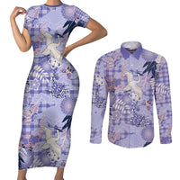 Purple Palaka Crane and Flowers Couples Matching Short Sleeve Bodycon Dress and Long Sleeve Button Shirt Japan Heritage Spirit LT9 Purple - Polynesian Pride