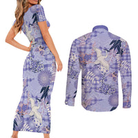 Purple Palaka Crane and Flowers Couples Matching Short Sleeve Bodycon Dress and Long Sleeve Button Shirt Japan Heritage Spirit LT9 - Polynesian Pride