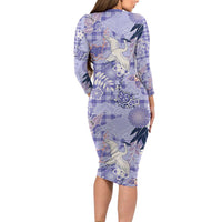 Purple Palaka Crane and Flowers Family Matching Long Sleeve Bodycon Dress and Hawaiian Shirt Japan Heritage Spirit LT9 - Polynesian Pride