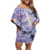 Purple Palaka Crane and Flowers Off Shoulder Short Dress Japan Heritage Spirit LT9 Women Purple - Polynesian Pride