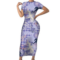 Purple Palaka Crane and Flowers Short Sleeve Bodycon Dress Japan Heritage Spirit LT9 Long Dress Purple - Polynesian Pride