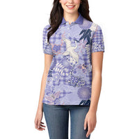 Purple Palaka Crane and Flowers Women Polo Shirt Japan Heritage Spirit - Polynesian Pride