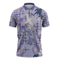 Purple Palaka Crane and Flowers Zipper Polo Shirt Japan Heritage Spirit LT9 Purple - Polynesian Pride