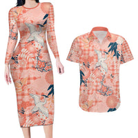 Red Palaka Crane and Flowers Couples Matching Long Sleeve Bodycon Dress and Hawaiian Shirt Japan Heritage Spirit LT9 Red - Polynesian Pride