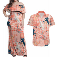 Red Palaka Crane and Flowers Couples Matching Off Shoulder Maxi Dress and Hawaiian Shirt Japan Heritage Spirit LT9 Red - Polynesian Pride