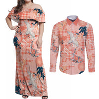 Red Palaka Crane and Flowers Couples Matching Off Shoulder Maxi Dress and Long Sleeve Button Shirt Japan Heritage Spirit LT9 Red - Polynesian Pride