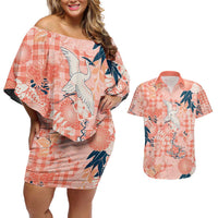 Red Palaka Crane and Flowers Couples Matching Off Shoulder Short Dress and Hawaiian Shirt Japan Heritage Spirit LT9 Red - Polynesian Pride