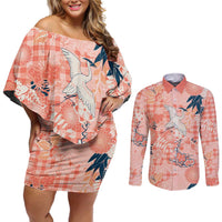 Red Palaka Crane and Flowers Couples Matching Off Shoulder Short Dress and Long Sleeve Button Shirt Japan Heritage Spirit LT9 Red - Polynesian Pride