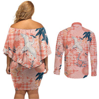 Red Palaka Crane and Flowers Couples Matching Off Shoulder Short Dress and Long Sleeve Button Shirt Japan Heritage Spirit LT9 - Polynesian Pride