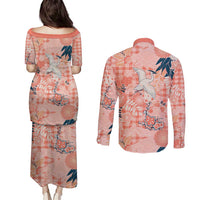 Red Palaka Crane and Flowers Couples Matching Puletasi and Long Sleeve Button Shirt Japan Heritage Spirit LT9 - Polynesian Pride