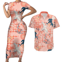 Red Palaka Crane and Flowers Couples Matching Short Sleeve Bodycon Dress and Hawaiian Shirt Japan Heritage Spirit LT9 Red - Polynesian Pride