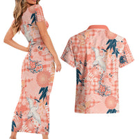 Red Palaka Crane and Flowers Couples Matching Short Sleeve Bodycon Dress and Hawaiian Shirt Japan Heritage Spirit LT9 - Polynesian Pride
