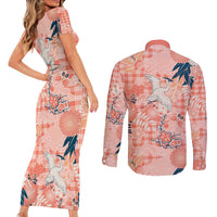 Red Palaka Crane and Flowers Couples Matching Short Sleeve Bodycon Dress and Long Sleeve Button Shirt Japan Heritage Spirit LT9 - Polynesian Pride
