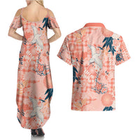 Red Palaka Crane and Flowers Couples Matching Summer Maxi Dress and Hawaiian Shirt Japan Heritage Spirit LT9 - Polynesian Pride