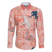 Red Palaka Crane and Flowers Family Matching Puletasi and Hawaiian Shirt Japan Heritage Spirit LT9 Dad's Shirt - Long Sleeve Red - Polynesian Pride