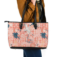 Red Palaka Crane and Flowers Leather Tote Bag Japan Heritage Spirit - Polynesian Pride