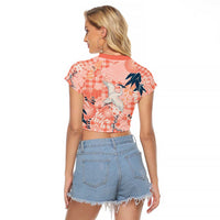 Red Palaka Crane and Flowers Raglan Cropped T Shirt Japan Heritage Spirit - Polynesian Pride