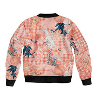 Red Palaka Crane and Flowers Sleeve Zip Bomber Jacket Japan Heritage Spirit - Polynesian Pride