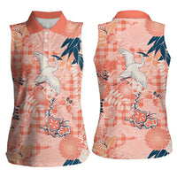 Red Palaka Crane and Flowers Women Sleeveless Polo Shirt Japan Heritage Spirit LT9 - Polynesian Pride
