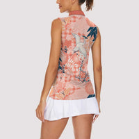 Red Palaka Crane and Flowers Women Sleeveless Polo Shirt Japan Heritage Spirit LT9 - Polynesian Pride