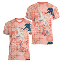 Red Palaka Crane and Flowers Women V-Neck T-Shirt Japan Heritage Spirit LT9 - Polynesian Pride