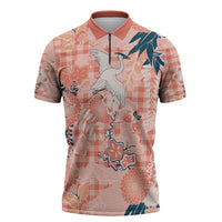 Red Palaka Crane and Flowers Zipper Polo Shirt Japan Heritage Spirit LT9 Red - Polynesian Pride