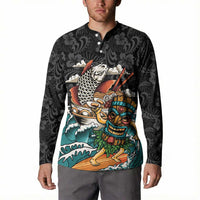 Personalized Japanese Koi Fish Ramen Button Sweatshirt Tiki Surfing Wagara Hibiscus Pattern