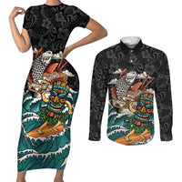 Personalized Japanese Koi Fish Ramen Couples Matching Short Sleeve Bodycon Dress and Long Sleeve Button Shirt Tiki Surfing Wagara Hibiscus Pattern LT9 Black - Polynesian Pride