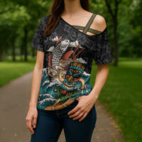 Personalized Japanese Koi Fish Ramen Cross Shoulder Shirt Tiki Surfing Wagara Hibiscus Pattern