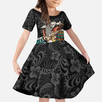 Personalized Japanese Koi Fish Ramen Family Matching Puletasi and Hawaiian Shirt Tiki Surfing Wagara Hibiscus Pattern LT9 Daughter's Dress Black - Polynesian Pride