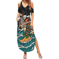 Personalized Japanese Koi Fish Ramen Family Matching Summer Maxi Dress and Hawaiian Shirt Tiki Surfing Wagara Hibiscus Pattern LT9 Mom's Dress Black - Polynesian Pride