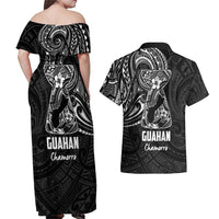 Black Guam Latte Stone Tribal Tattoo Couples Matching Off Shoulder Maxi Dress and Hawaiian Shirt Hafa Adai Six 7 One LT9 - Polynesian Pride