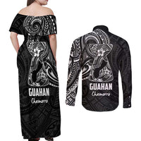 Black Guam Latte Stone Tribal Tattoo Couples Matching Off Shoulder Maxi Dress and Long Sleeve Button Shirt Hafa Adai Six 7 One LT9 - Polynesian Pride