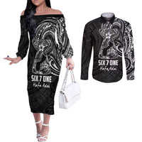 Black Guam Latte Stone Tribal Tattoo Couples Matching Off The Shoulder Long Sleeve Dress and Long Sleeve Button Shirt Hafa Adai Six 7 One LT9 Black - Polynesian Pride