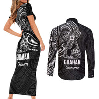Black Guam Latte Stone Tribal Tattoo Couples Matching Short Sleeve Bodycon Dress and Long Sleeve Button Shirt Hafa Adai Six 7 One LT9 - Polynesian Pride