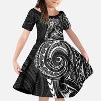 Black Guam Latte Stone Tribal Tattoo Family Matching Off The Shoulder Long Sleeve Dress and Hawaiian Shirt Hafa Adai Six 7 One LT9 Daughter's Dress Black - Polynesian Pride