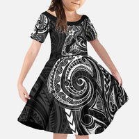 Black Guam Latte Stone Tribal Tattoo Family Matching Off Shoulder Maxi Dress and Hawaiian Shirt Hafa Adai Six 7 One LT9 Daughter's Dress Black - Polynesian Pride